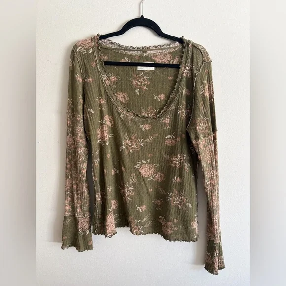 We The Free Olive Green Floral Long Sleeve Tee with Pink Blooms - Picture 1 of 4